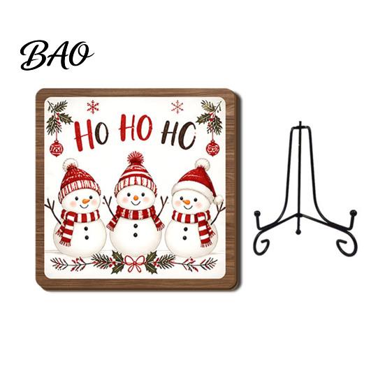 Christmas Hanging Ornament Wooden Tabletop Decor, 2D Pet Santa with Iron Stand, Rustic Xmas Party Holiday Sign for Home And Cafe Festive Shelf, Solid