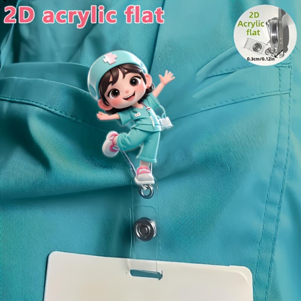 2D Flat Acrylic Nurse Girl With Nurse Cap Retractable Badge Reel, Sturdy Medical ID Tag Clip Accessory For Medical Students Nurses And Hospital Worker