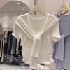 Women Modal Fake Two-Piece T-Shirt Short Sleeve Shawl Design Solid Color Cropped Tops For Summer