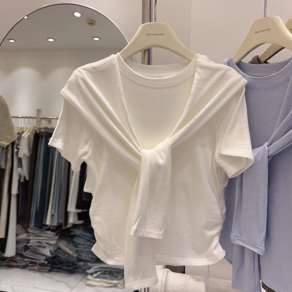 Women Modal Fake Two-Piece T-Shirt Short Sleeve Shawl Design Solid Color Cropped Tops For Summer
