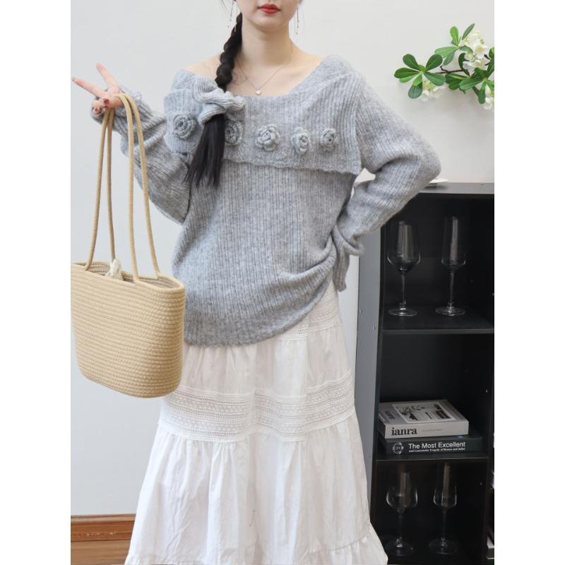 

Осень и зима новый трехмерный цветок плечо вязаный свитер топ темперамент мягкий восковой свитер пуловер женщина one size fits all серый