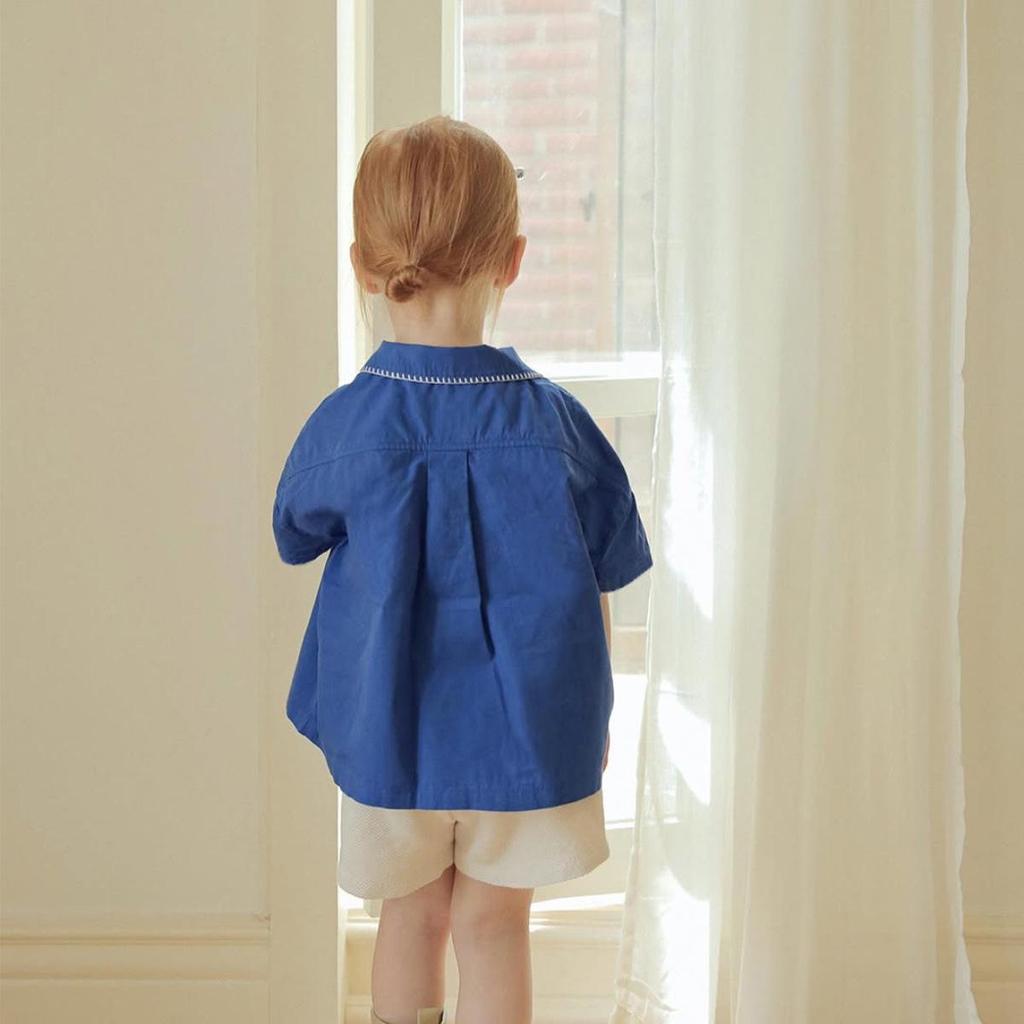 Nordic Forest Style Girls' Short-Sleeved Cotton Shirt with Embroidery