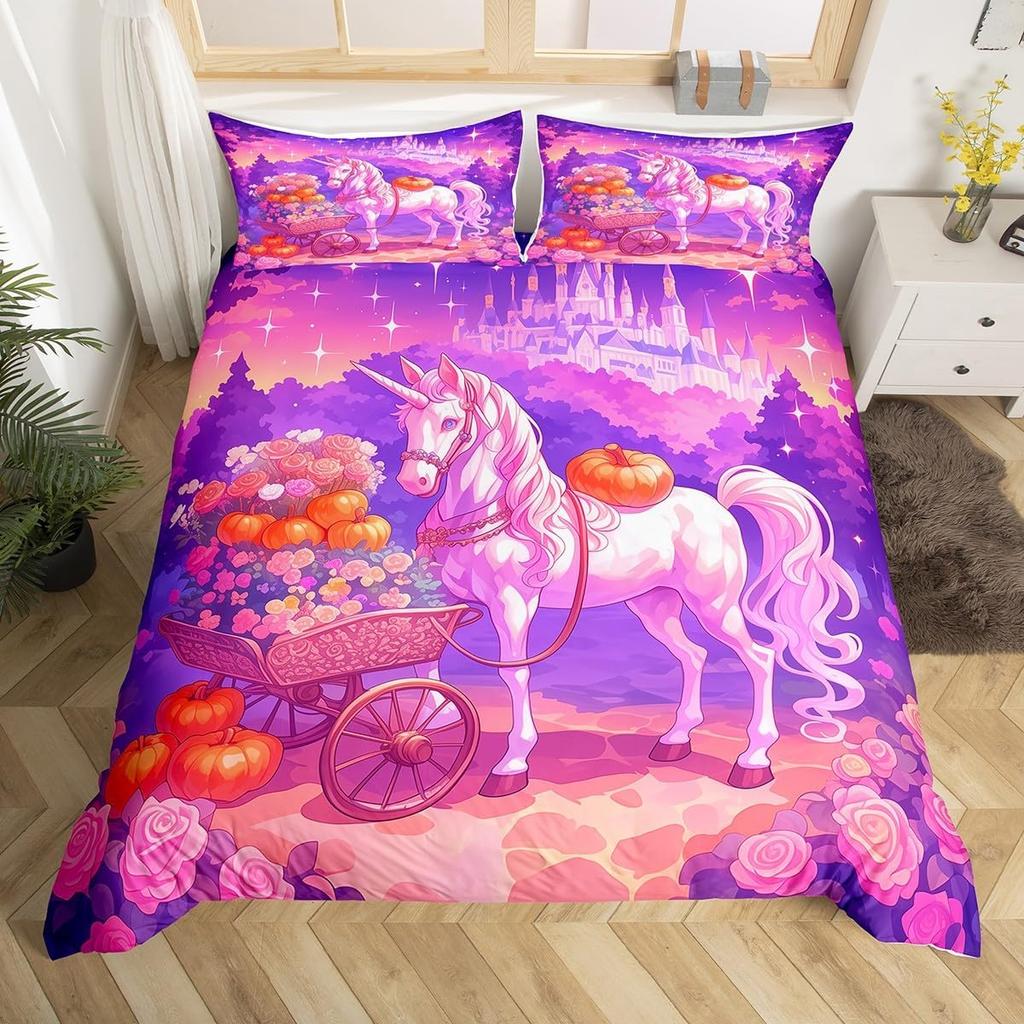 Einhorn Pferd Bettbezug Set Queen Size Träumerisches Regenbogen Bettwäsche 3 Teile Kinder Teenager Buntes Funkelndes Galaxie Set 2 Kissenbezüge