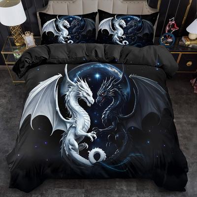 2/ 3Pcs Quilt Cover Set, Animal Black And White Dragon Print Duvet Cover Set, King Queen Style Bedding Set Machine Washable