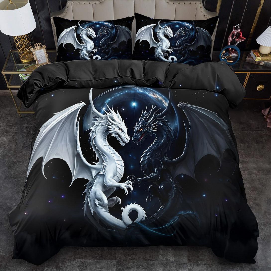

2/ 3pcs Quilt Cover Set, Animal Black and White Dragon Print Duvet Cover Set, King Queen Style Bedding Set Machine Washable Duvet Cover Set&EU Single(135x200cm)