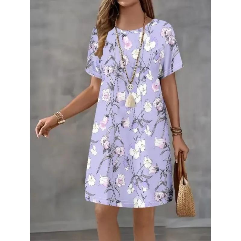 Fashion Women s Crew Neck Dress 3D Casual Color Printing Casual Dress Crew Neck Dress S