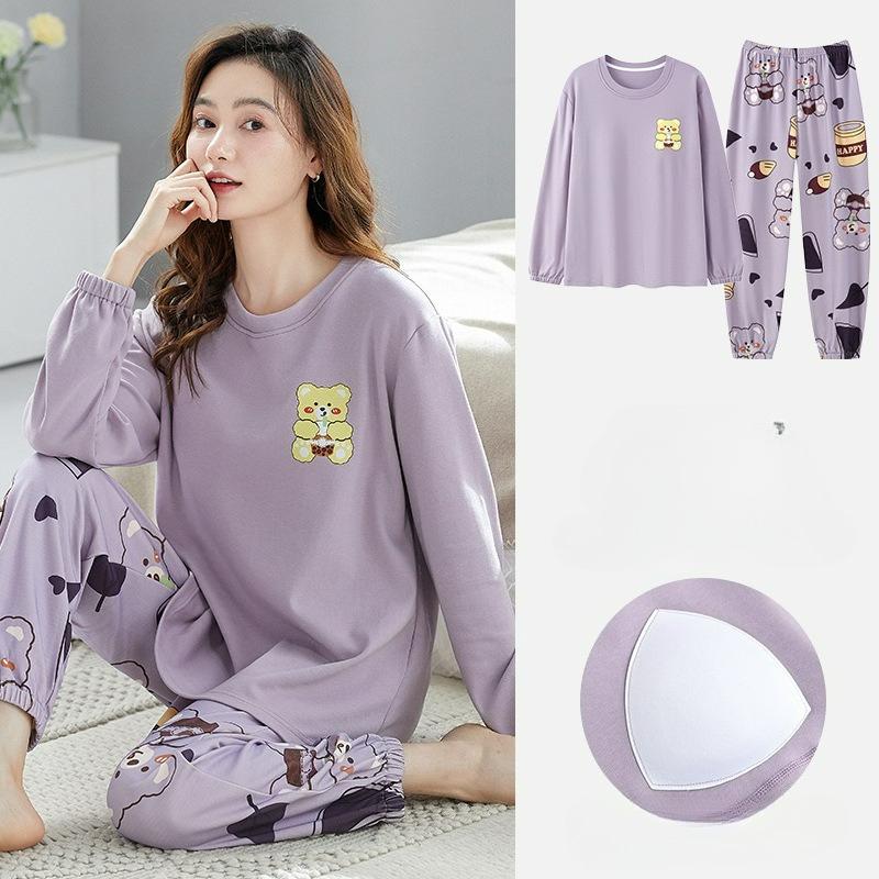 Pajamas with Chest Pads, Women's Autumn and Winter Long-sleeved Cotton, Cute and Casual, Can Be Worn Outside Home Service Suits