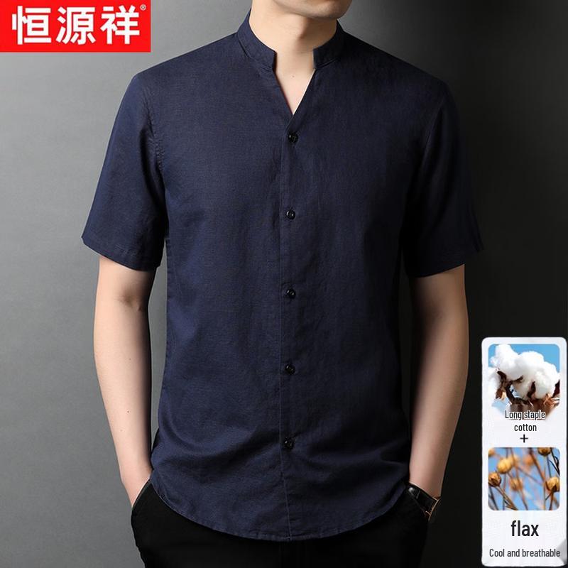 Hengyuanxiang Men s Chinese Style Linen Blend Short Sleeve Shirt XL