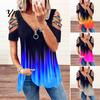 Top da Donna in Seta di Latte T-shirt Estiva Scollatura a V Maniche Corte con Traforo e Decorazioni di Strass Orlo Ampio Colore a Contrasto Degradé Taglia Grande