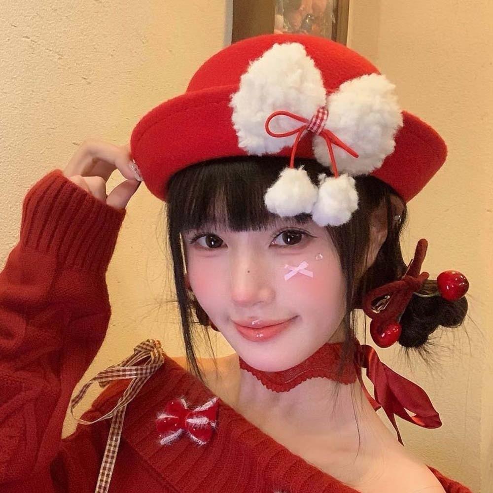 Vintage Looking Red Bowler Hats Japanese Style Girls Dome Hat Basin Hat Woolen Bucket Cap  Winter