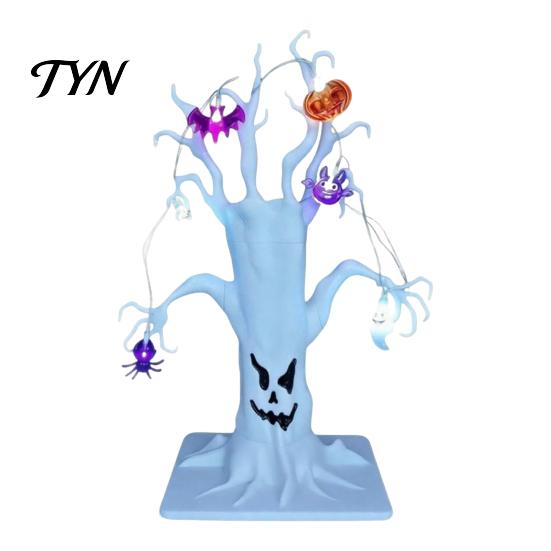 Desktop Decorations for Home Halloween Lighted Ghost Tree Centerpiece with LED Lights, Pumpkin Bat Spooky Desk Ornaments Spider Light String,