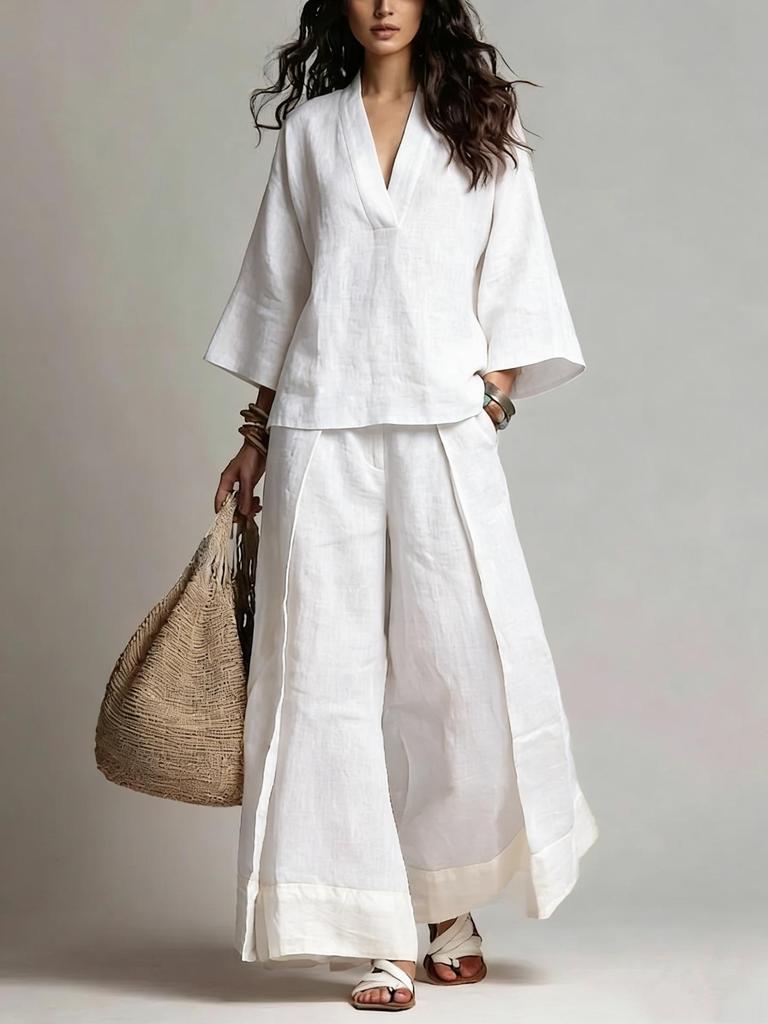 Women V-Neck Wide Sleeve Top And Wide Leg Pants Set Casual Loose Fit Linen Blend Two Piece Outfit