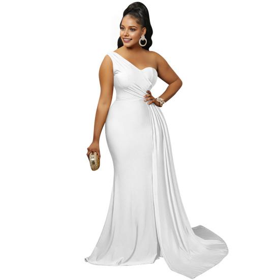 Lady Evening Dress One Shoulder Sleeveless Split Hem Solid Color Pleated Solid Color Prom Cocktail Party Maxi Dress Ball Gown
