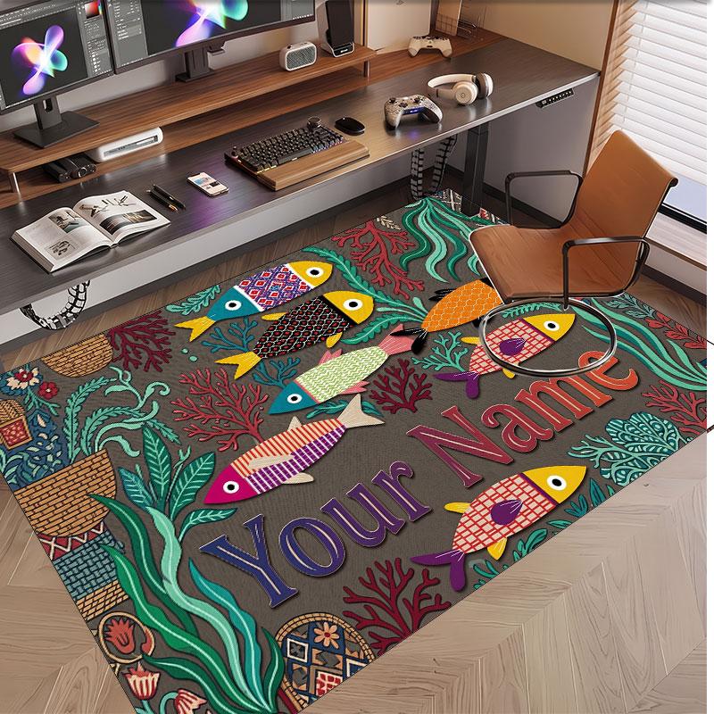 Fish Ocean Theme Soft Crystal Velvet Rug Custom Name & Text Print Non Slip Floor Rug for Bedroom Living Room