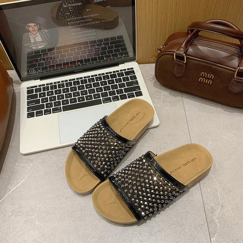 Women's shoes 2025 summer new wear fashion versatile mesh rhinestone decoration one-word drag thick-soled beach cool slippers