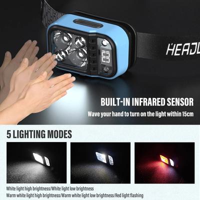 Lampe Frontale LED Rechargeable pour la Pêche avec Capteurs et Indicateur de Batterie Super Lumineuse Camping Utilisation de Perles de Lampe XPG+COB