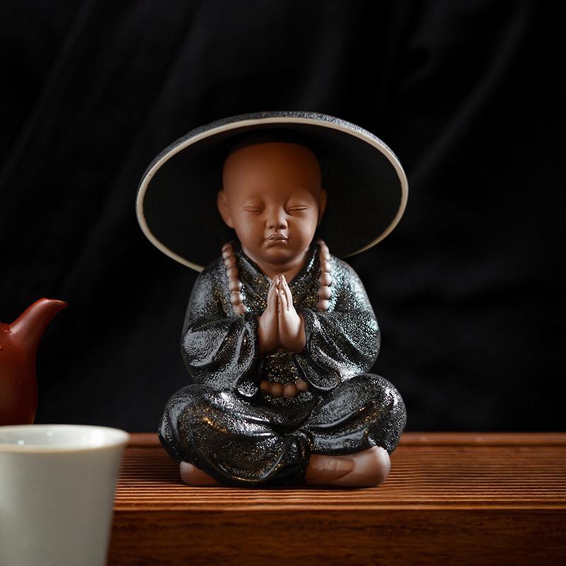 Black Pottery Buddhist Monks Miniature Figurines Buddha Statue Sculpture Tea Filter Funel Set Ornaments Home Docor Decoration