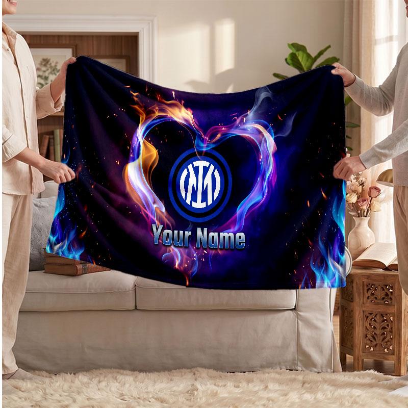 Inter Milan Personalized Fleece Blanket With Football Logo, Custom Name Text Soft Warm Home Throw Blanket
