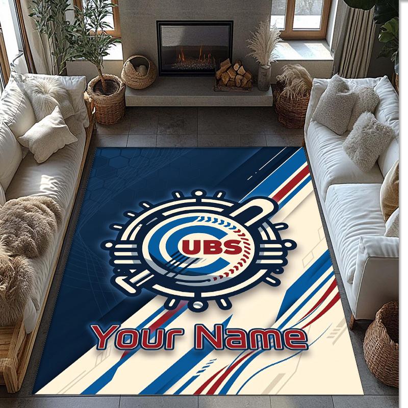 Chicago Cubs Crystal Velvet Rug, Custom Name Text Personalized Non‑Slip Floor Mat for Home Decor Gift