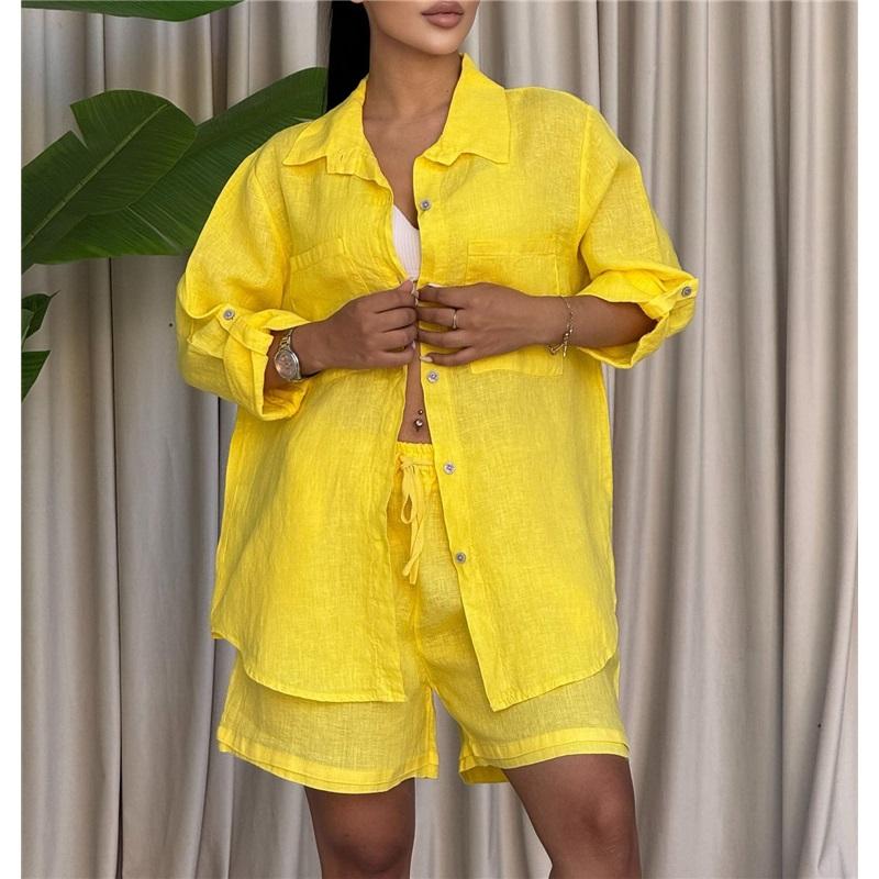 Women Textured 2 Piece Outfit Lapel Long Sleeve Button Down Shirt Drawstring Elastic Waist Shorts Casual Loungewear Set