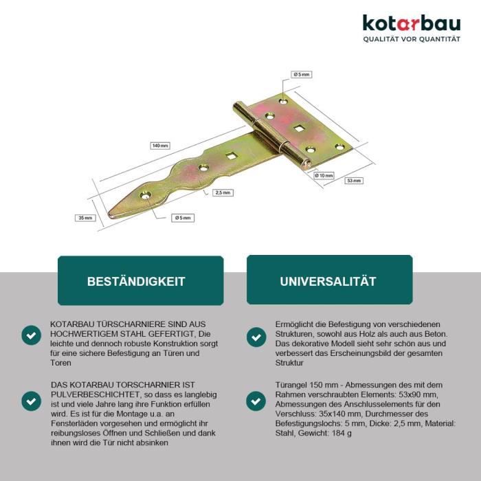 Charnière de porte en T - KOTARBAU - Acier - 150 mm - Revêtement en Zinc - Résistante à l'humidité
