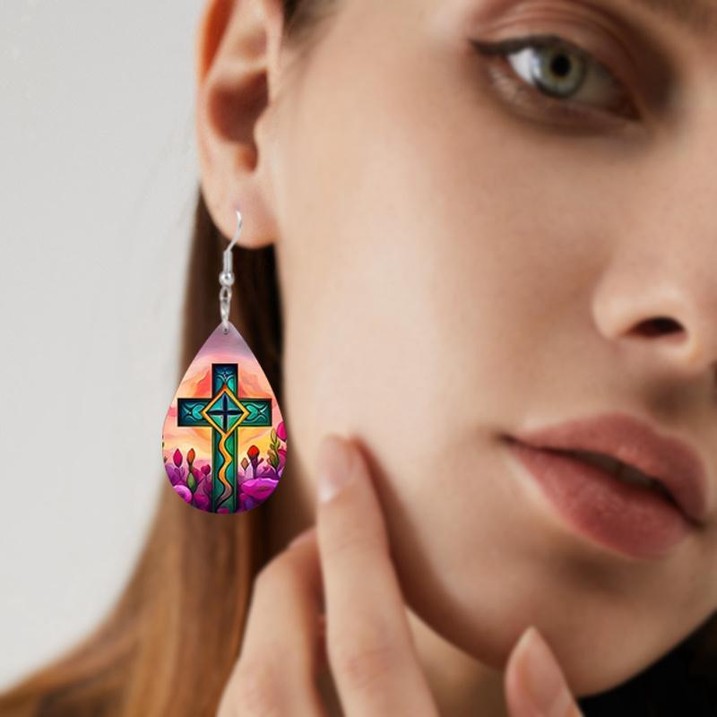 Cross PU Leather Earrings with Floral Design, Fashion Earrings, Exquisite Earrings, Holiday Gifts for Friends, Party Fashion Accessories