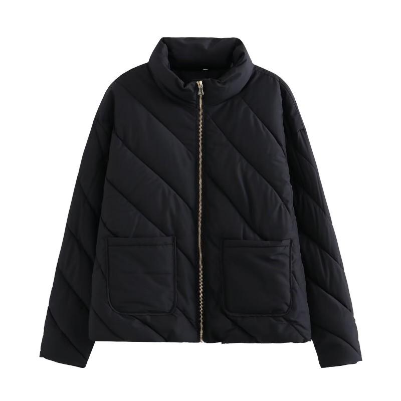 Womens Lightweight Puffer Jacket With Quilted Stripe Design Stand Collar Long Sleeve Loose Fit Short Coat Winter
