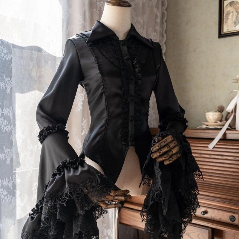 

Lolita Готична мереживна сорочка з довгим рукавом для жінок Харадзюку Солодка з коміром-стійкою Жіноча Y2k На шнурівці Тонка талія Білі блузки XS чорний