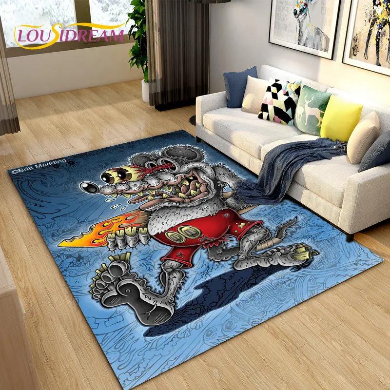 Tappeto Area Cartone Animato Divertente Rat Fink, Tappeto per Soggiorno Camera da Letto Garage Divano Decorazione Zerbino, Tappetino Antiscivolo da Gioco per Bambini