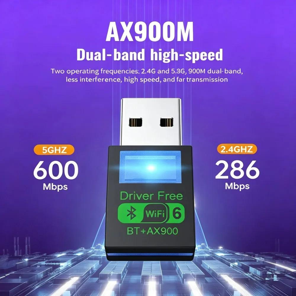 2 in 1 USB Bluetooth 5.4 Adapter WiFi 6 900Mbps Wireless Network Card 2.4G&5GHz Dual Band USB Dongle Driver Free For Win10/11