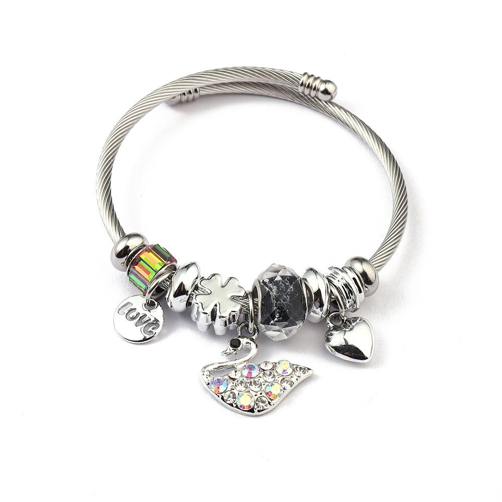 Simple Fashion Stainless Steel Bracelet With Crystal Bead Pendant Unisex Jewelry