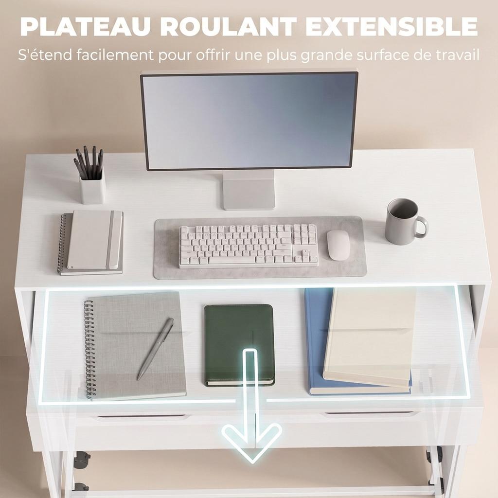 Extendable Computer Desk, 100 cm, 2 Drawers, Storage, White
