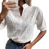 Women Casual Shirt Embroidery Floral Lace Solid Color Pullover Tops Stand Collar V-neck Half Sleeve Relaxed Fit Shirt