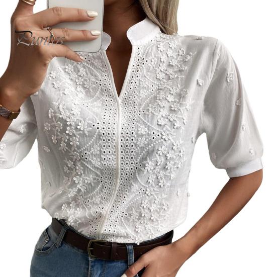 Women Casual Shirt Embroidery Floral Lace Solid Color Pullover Tops Stand Collar V-neck Half Sleeve Relaxed Fit Shirt