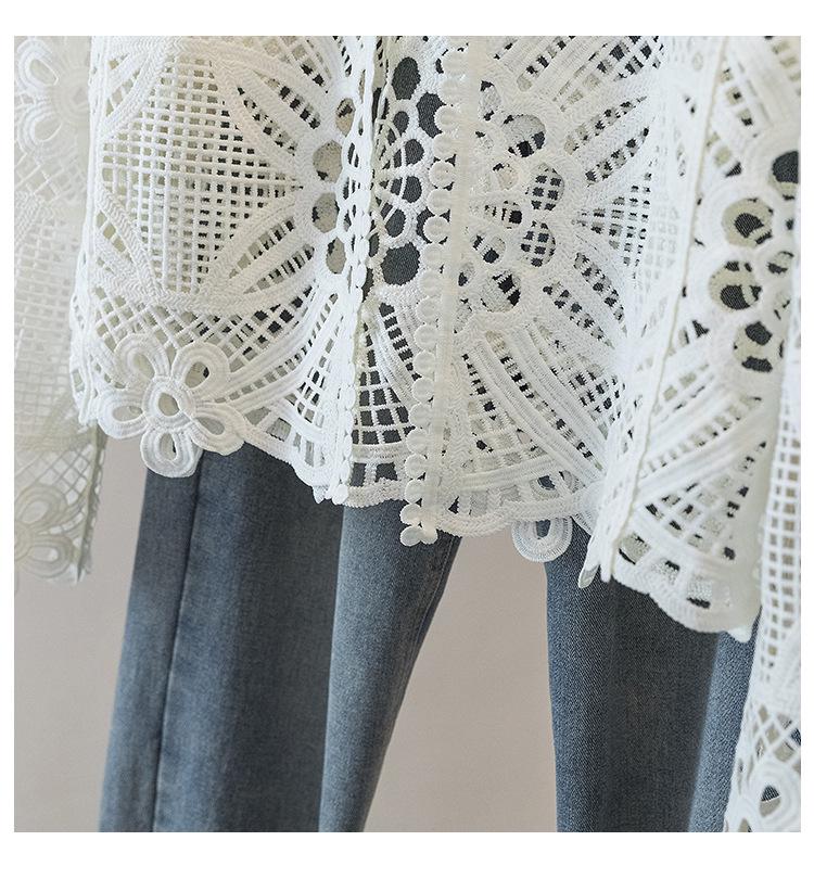 Korean Style Plus Size Embroidered V-Neck Lace Top - Autumn Women's Loose Long-Sleeve