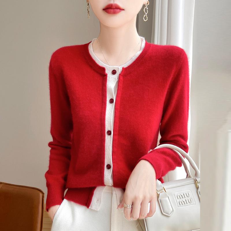 Autumn/Winter Color Block Wool Faux Two-Piece Korean Style Loose Cardigan for Women