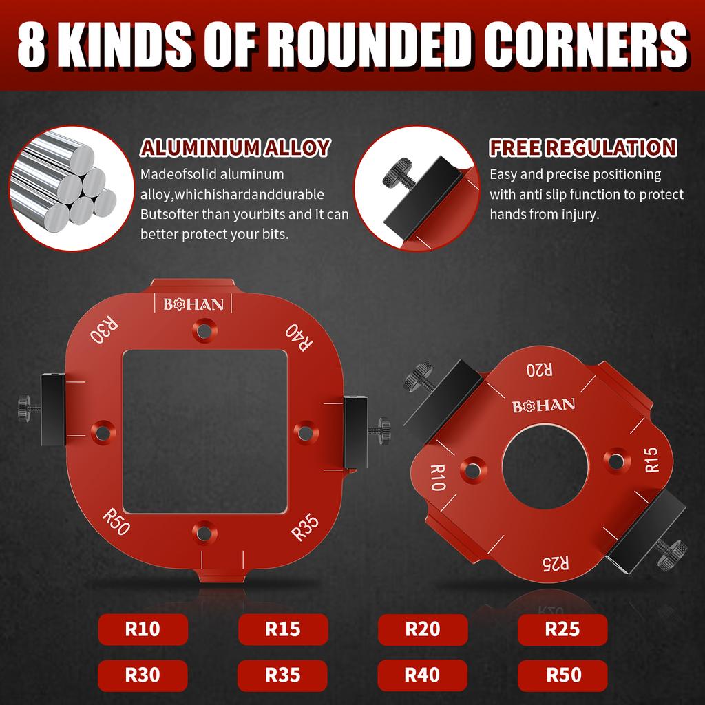 2Pcs Trimming Machine Cutting Fillet Template R10 to R40 R-angle Arc Template Aluminum Alloy Router Corner RadiusTemplates