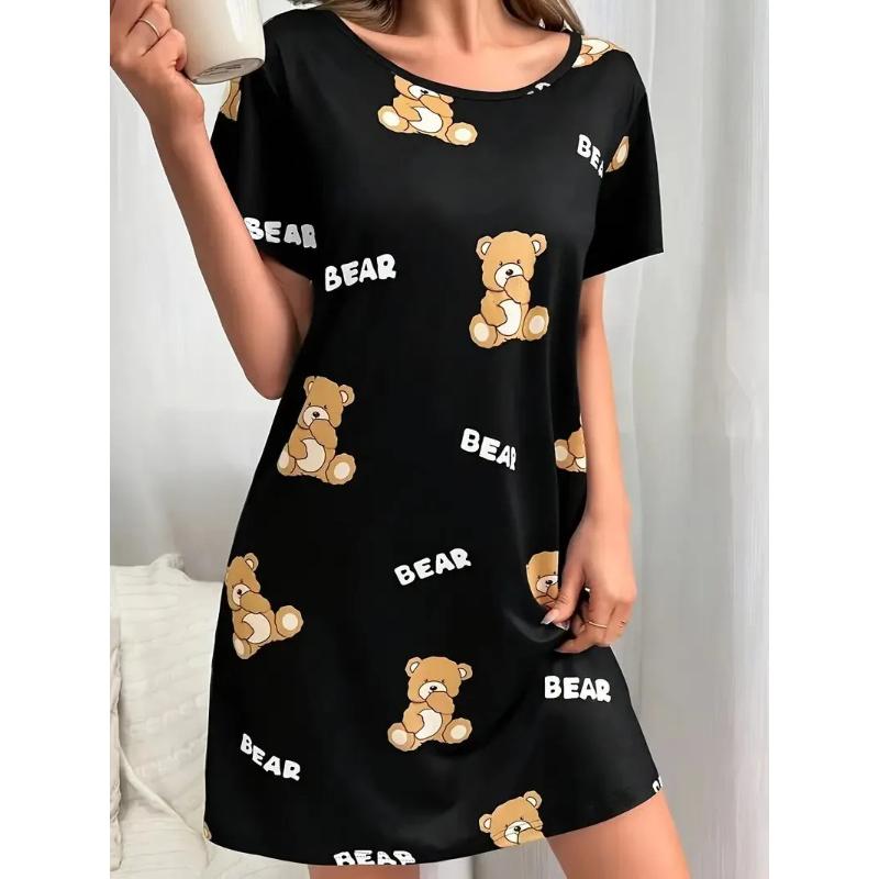 Kadın Moda Seksi Sevimli Ayı ve Harf Baskılı Tişört Gecelik Pijama Ev Günlük Büyük Beden Etek Günlük Bol Kıyafet