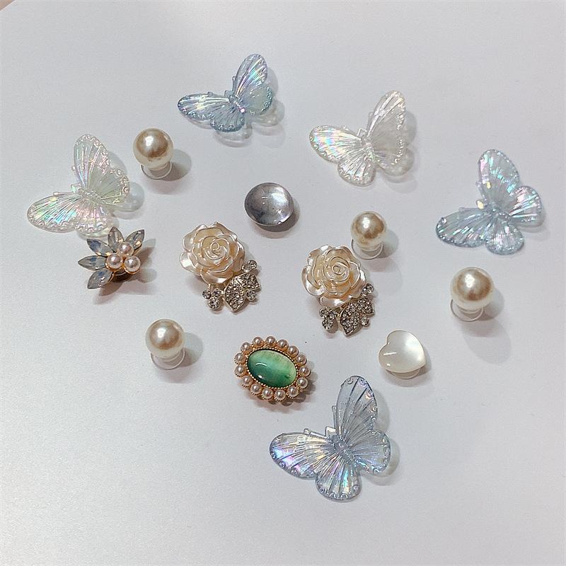 New hole shoes shoe flower fashion rhinestone pearl white blue butterfly set DIY accessories shoe buckle