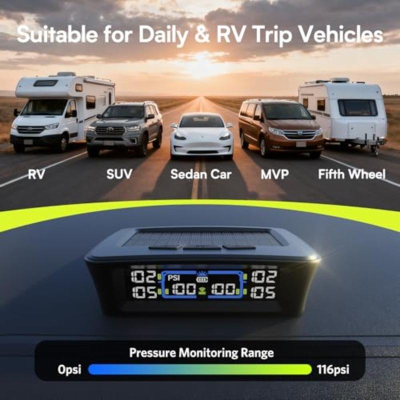 TM12 RV Tire Prure Monitoring System, TPMS with USB/Solar Charge, 2026 Latest Version, Set of Max. 12,6 Alarm Modes, 50Feet Ran
