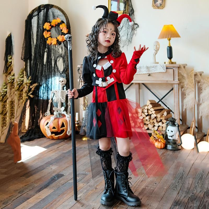 Halloween Kids Costume Girls Circus Clown Harley Quinn Dress Set With Headband Jacket Skirt