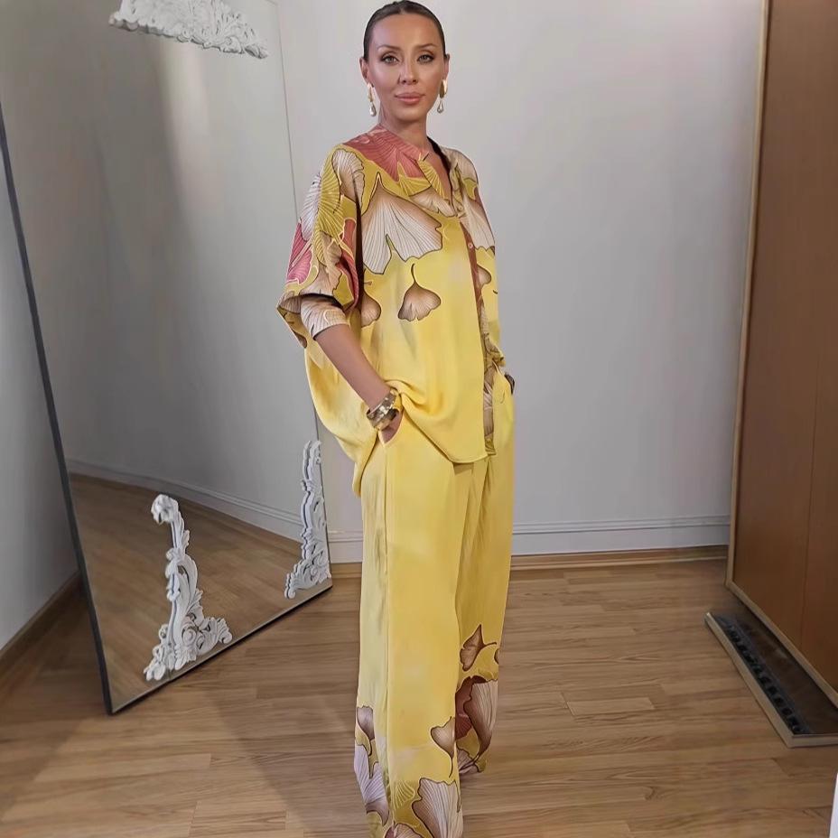 2025 Autumn European & American Fashion Print Top and Wide-Leg Pants Set