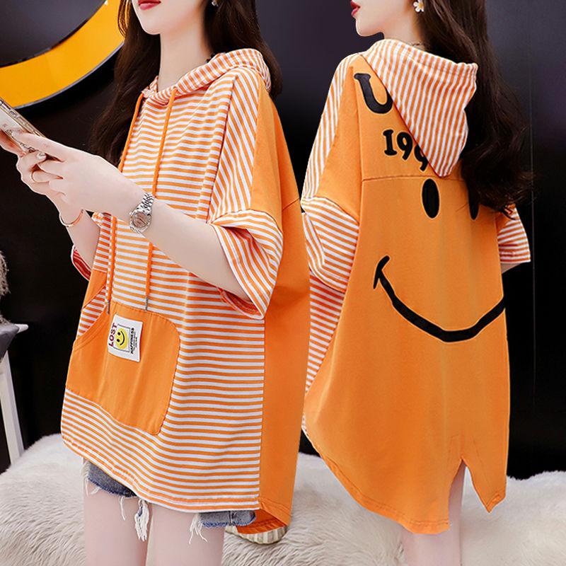 Women's Hooded Contrasting Back Panel T Shirt Summer Loose Long Women