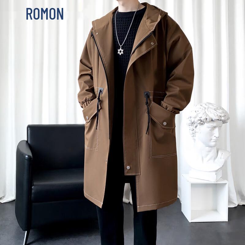 ROMON Men's Mid-Length Hooded Trench Coat
