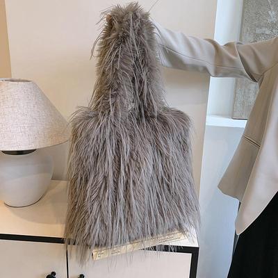 Large Capacity Urban Style Faux Fur Shoulder Bag for Women Autumn and Winter Candy Color Warm Plush Bucket Tote Bag