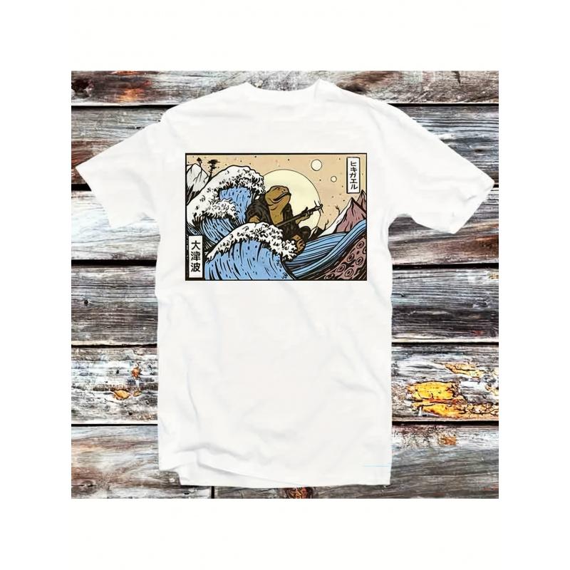 T-Shirt Featuring a Japanese Toad Playing a Banjo Guitar, Inspired by The Great Wave Off Kanagawa, Perfect for Themed Events, Festivals, Family