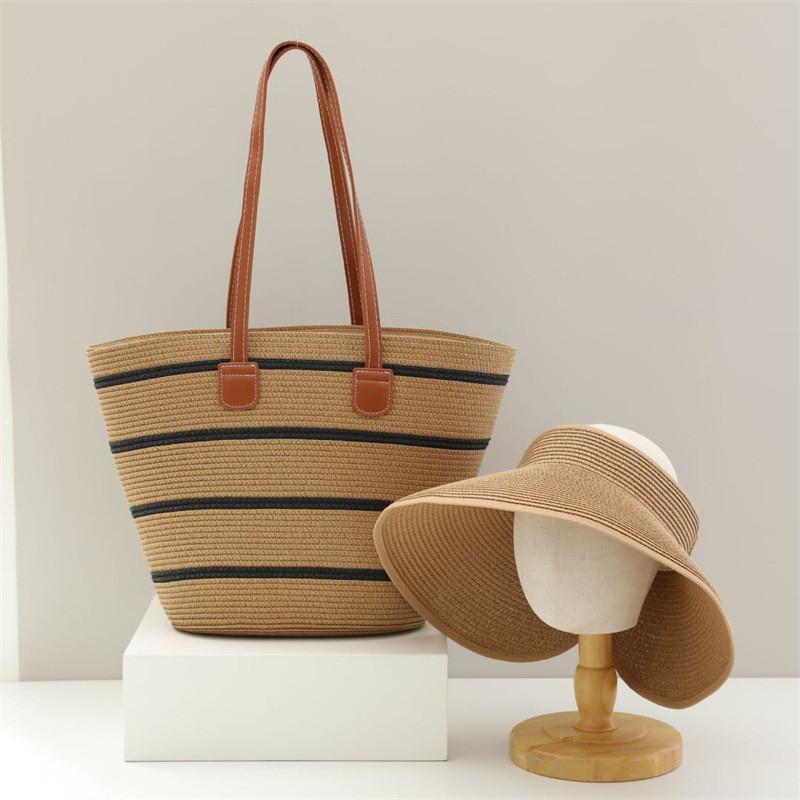 Set Cappello di Paglia e Borsa Tote Con Protezione Solare per Spiaggia e Attività all'Aperto