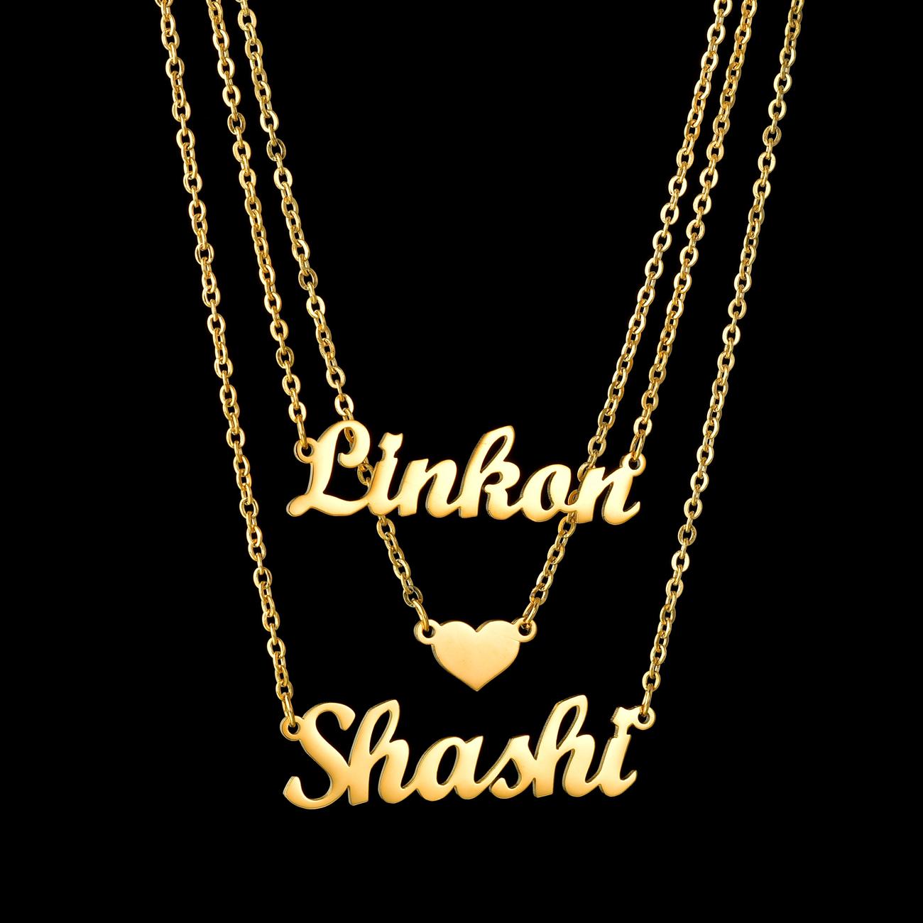 Atoztide Personalized Customized 3 Layer Names Pendant Necklace Stainless Steel Link Chain for Men Women Christmas Jewelry Gift 40cm&Heart