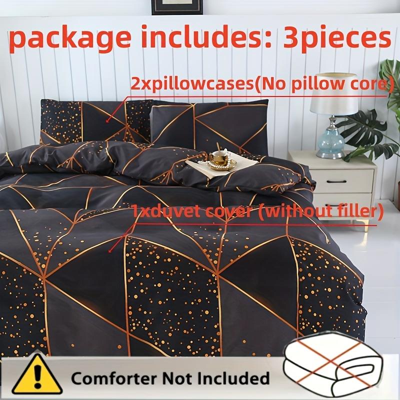 3Pcs Polyester Fiber Soft, Skin-Friendly Duvet Cover Set (Two Pillowcases And One Duvet Cover). Black And Golden Are The Primary