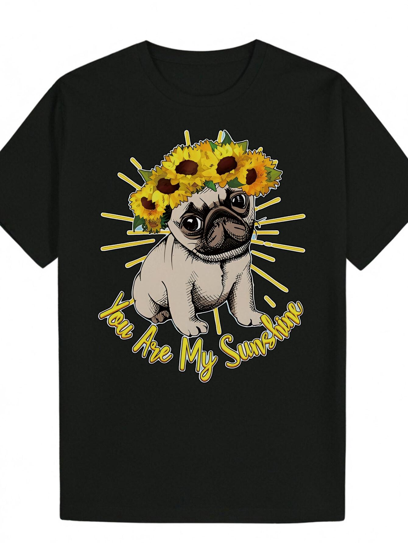 

Short Sleeve T-shirt - Black Animal Graphic Tee with Cute Pug & Sunflower Design XXXL